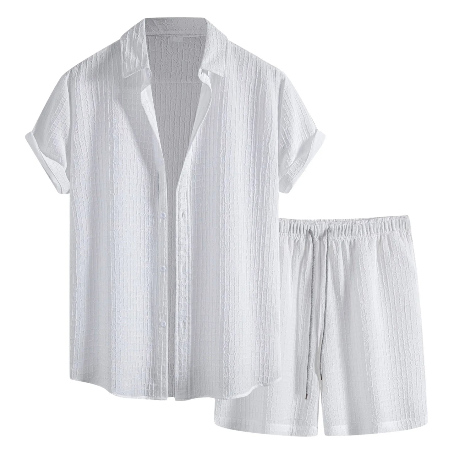Mens Casual Waffle Shirt Suit Two Piece Solid Short Sleeved Shirt And Shorts