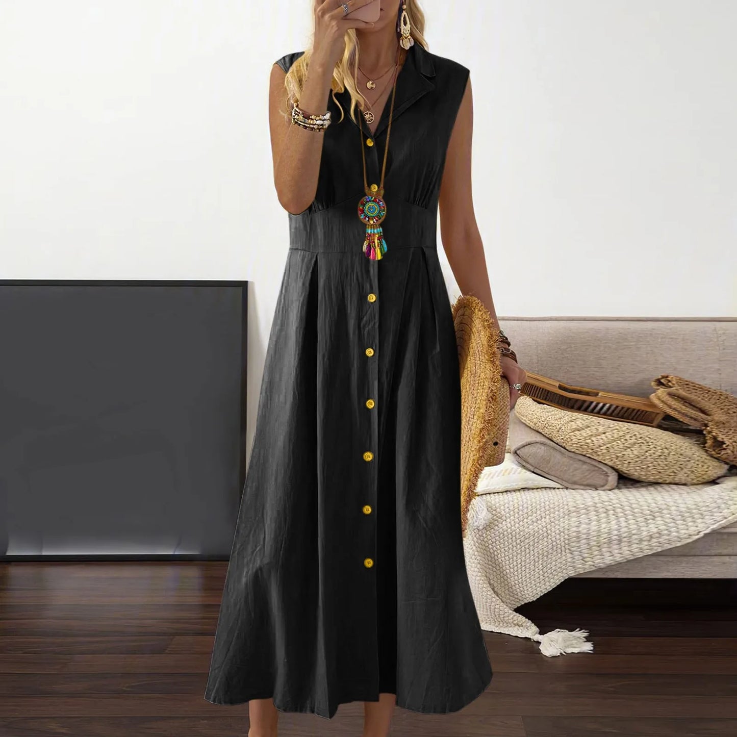 Casual Loose Sleeveless Shirt Dress