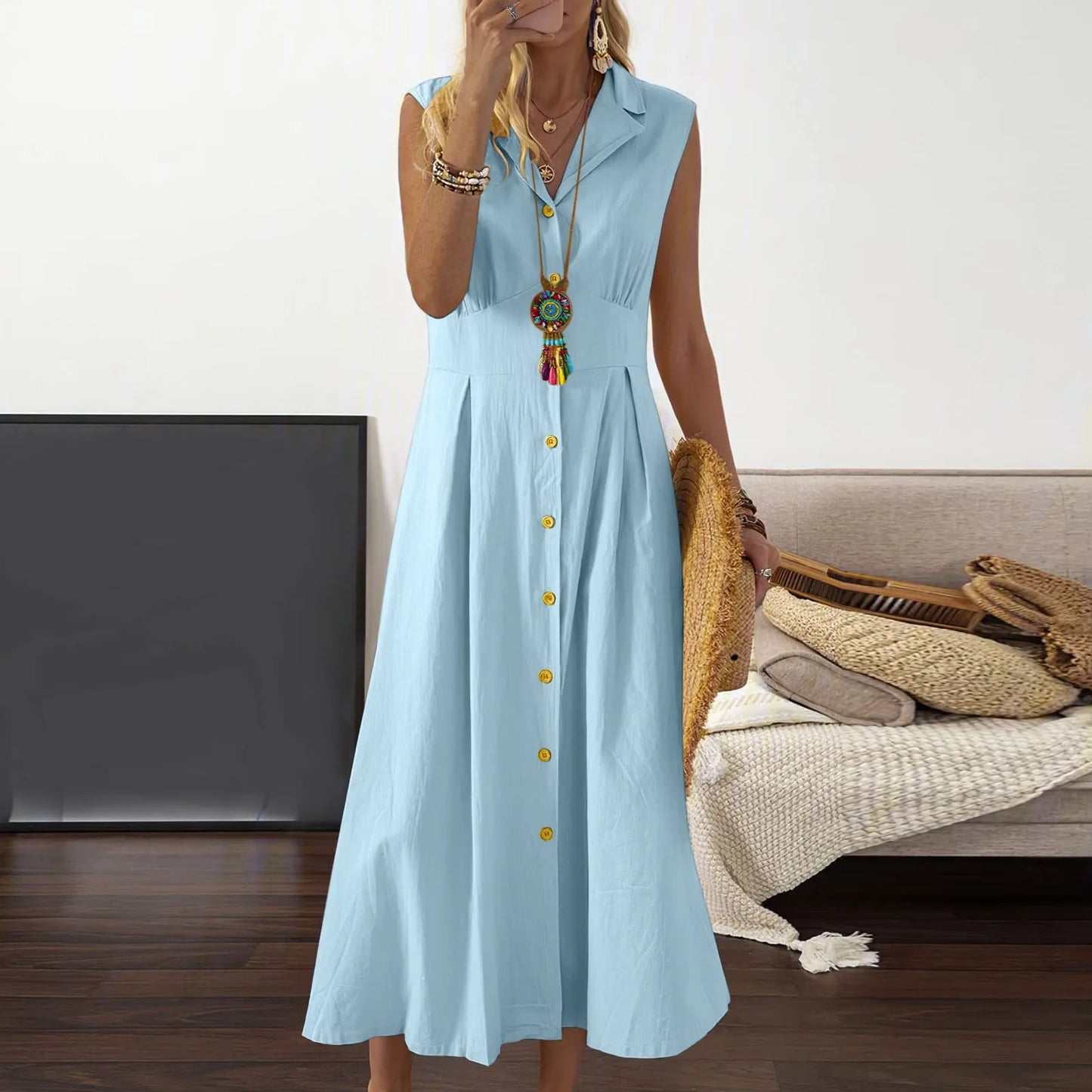 Casual Loose Sleeveless Shirt Dress