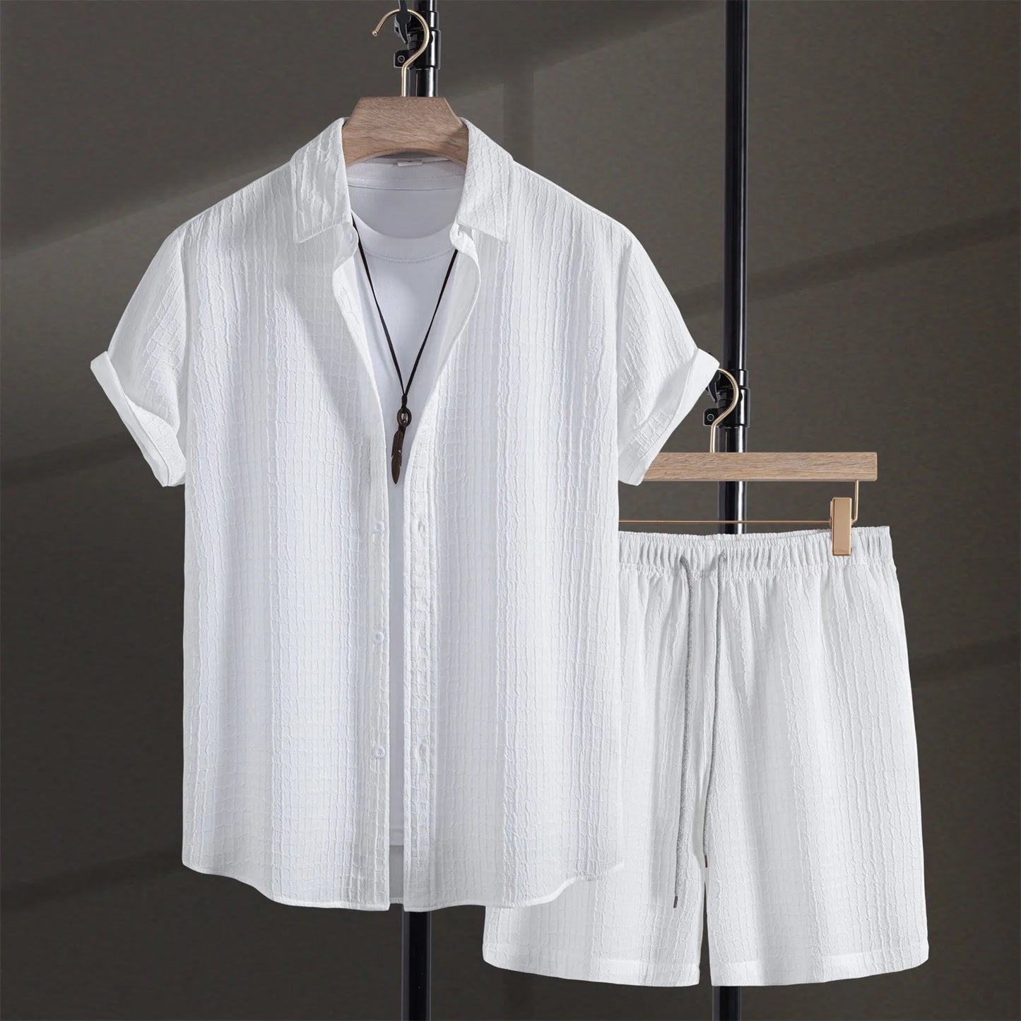 Mens Casual Waffle Shirt Suit Two Piece Solid Short Sleeved Shirt And Shorts