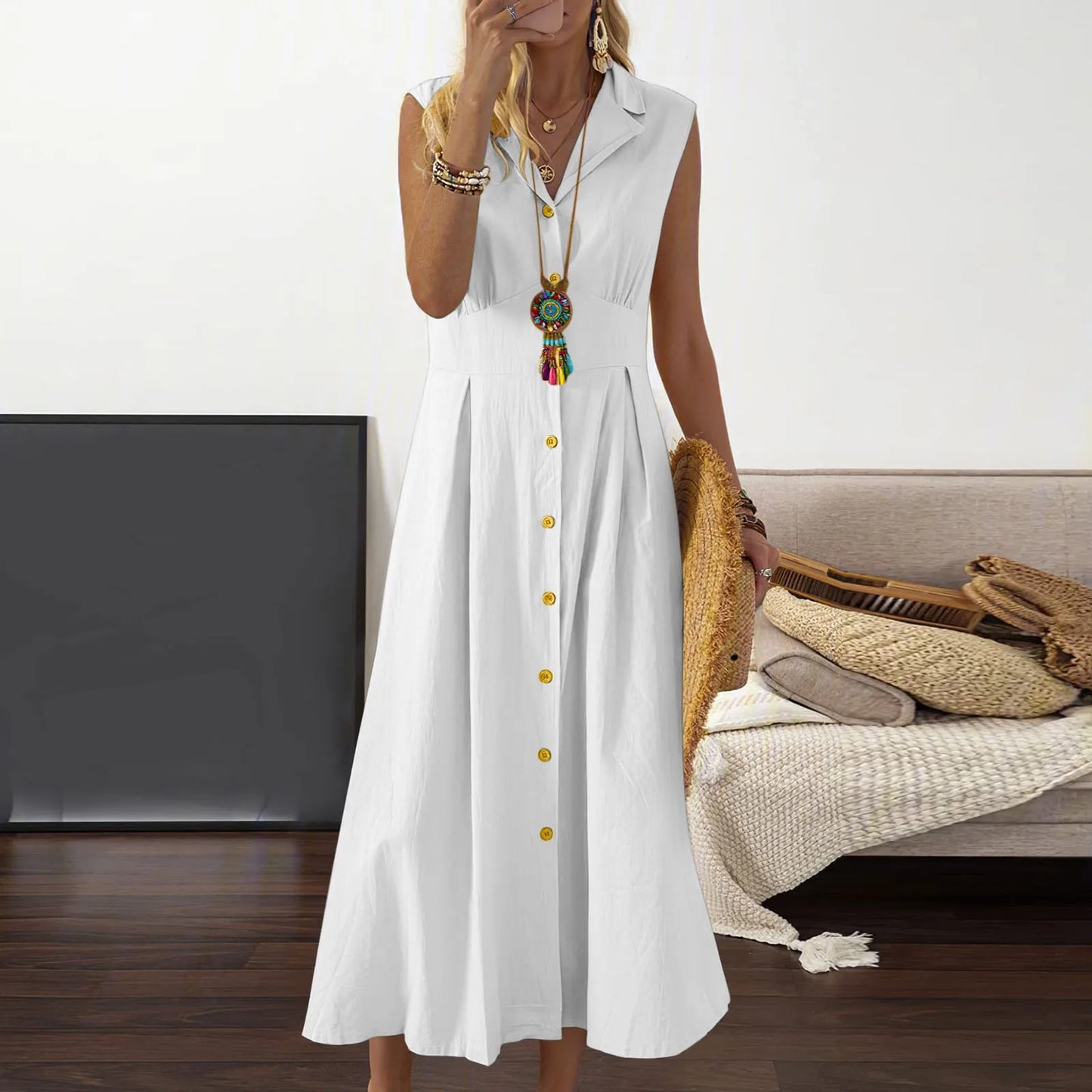 Casual Loose Sleeveless Shirt Dress